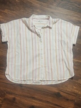 Madewell White Short-Sleeve Button-Up with Pink and Yellow Stripes